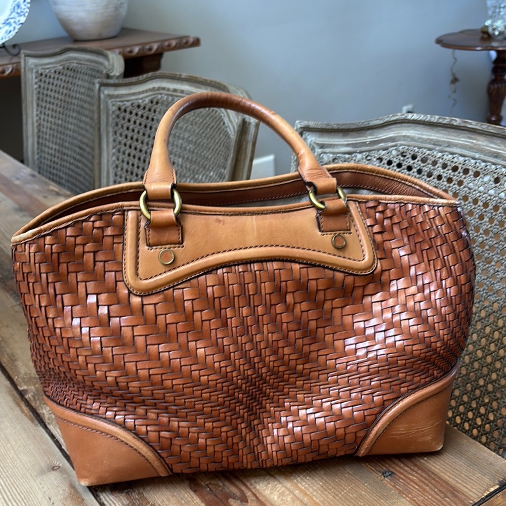 Elegant Brown ColeHaan Woven Leather Satchel